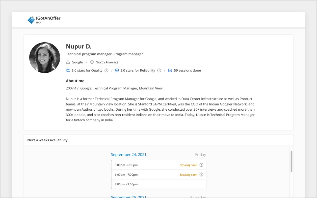 Screenshot of interview coach's profile page showing availability and experience